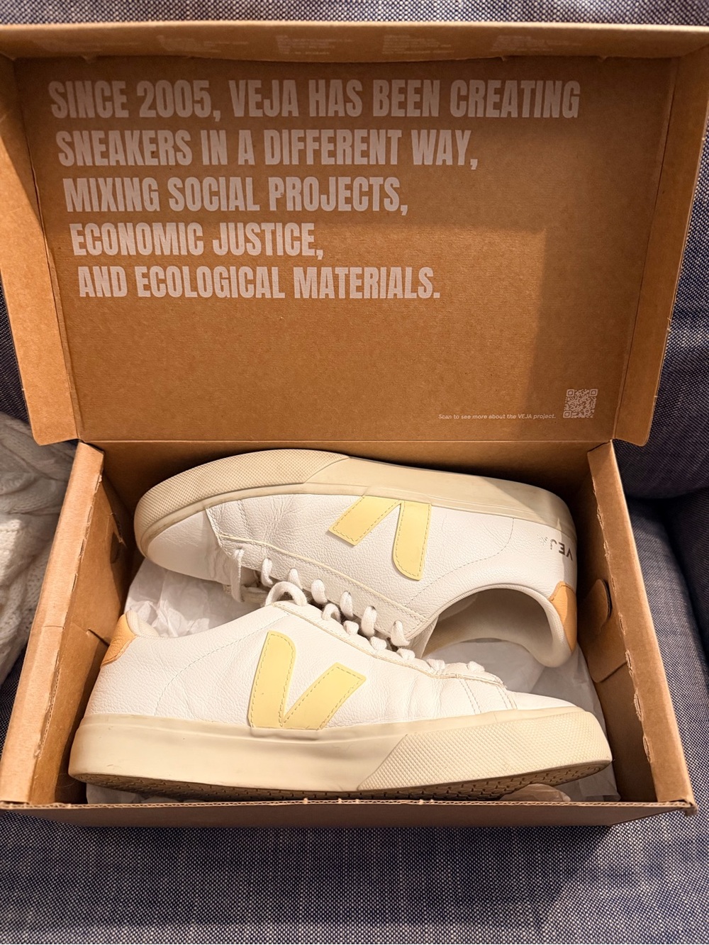 Veja Extra-White Leather Sneakers with Sun Peach Accents